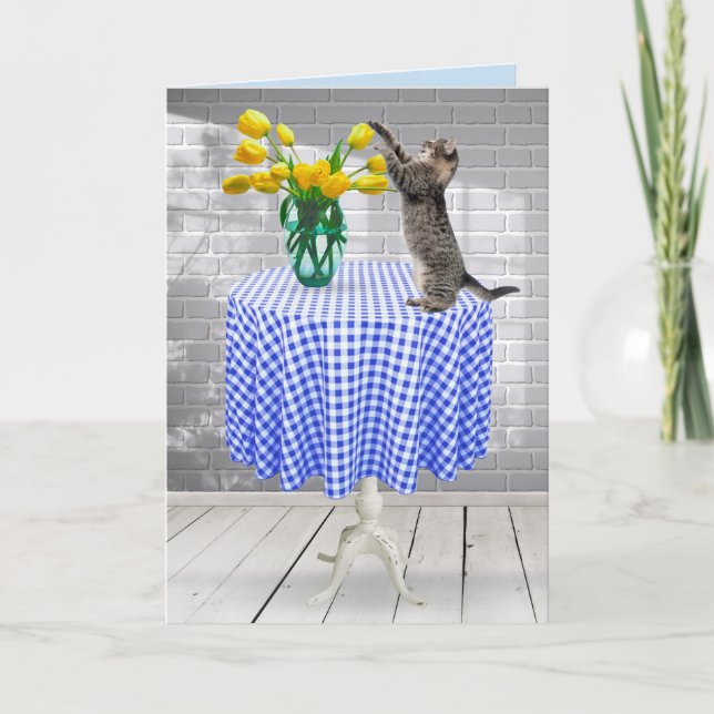 Geburtstagsgelbe Tulpen mit Katze Karte (Vorderseite)