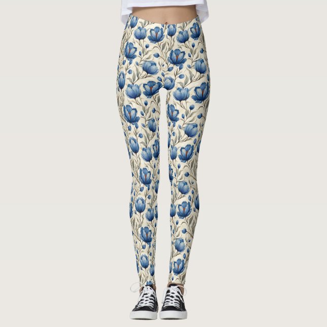 Geburtstagsgeschenk | Nahtlose blaue Flora Leggings (Vorderseite)
