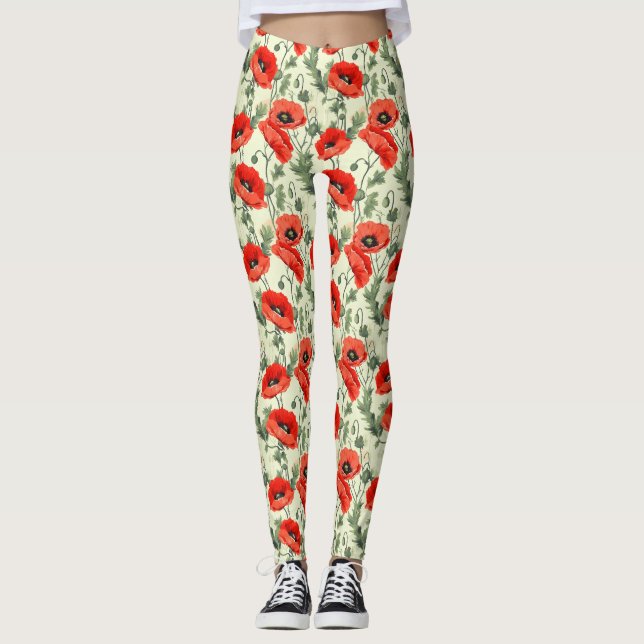 Geburtstagsgeschenk | Nahtlose Rote Mohnblume Leggings (Vorderseite)