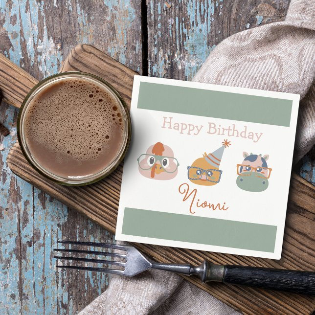 Geburtstagsgeschirr von Landtieren Serviette (Farm Animal Birthday Napkins Turkey Chicken Cow Green Border)