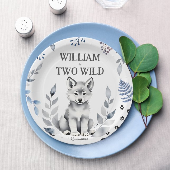 Geburtstagsgeschirr von zwei Wilden Wolfen Pappteller (Two Wild wolf themed birthday party tableware personalized printed Paper Plates wolf themed decor)