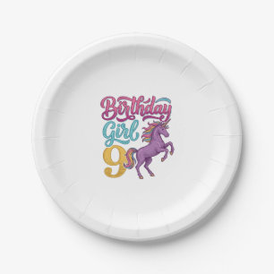 Geburtstagsgirl 9 Einhorn Vintage Gravur Design_1 Pappteller
