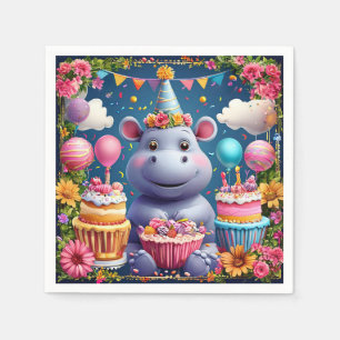 Geburtstagshippopotamus mit Kuchen und Ballons Serviette