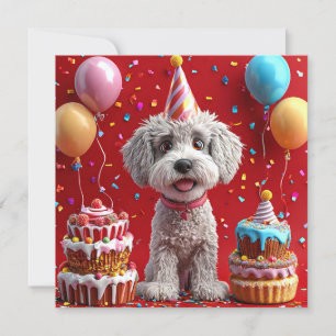 Geburtstagshund mit Kuchen und Ballons Einladung