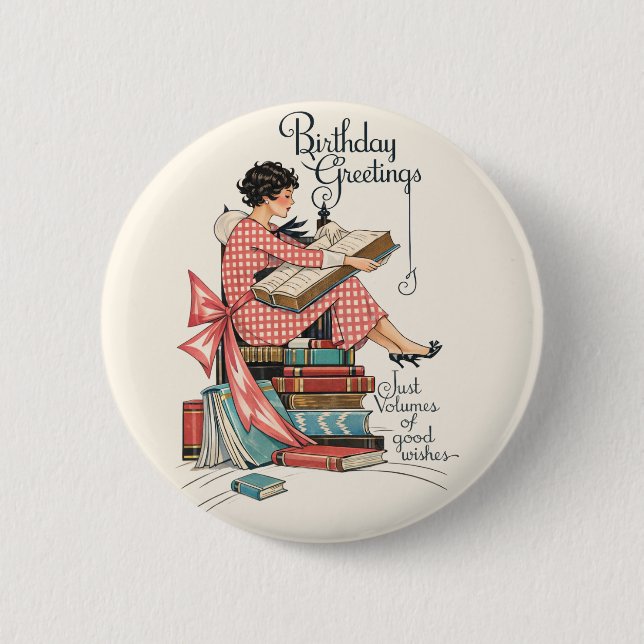 Geburtstagsillustration für Vintage-Buchliebhaber Button (Vorderseite)