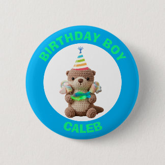 Geburtstagsjunge | Blauer und grüner Teddybär Button