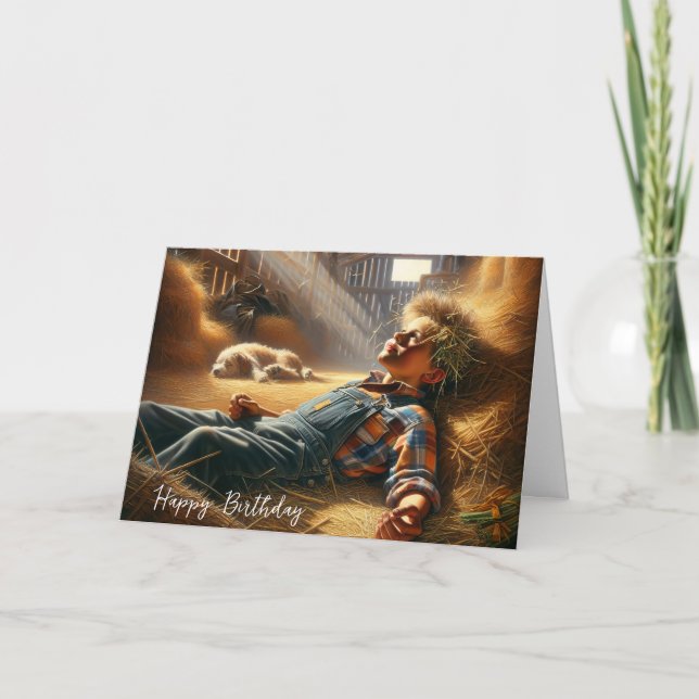 Geburtstagsjunge in Barn Hayloft Karte (Vorderseite)