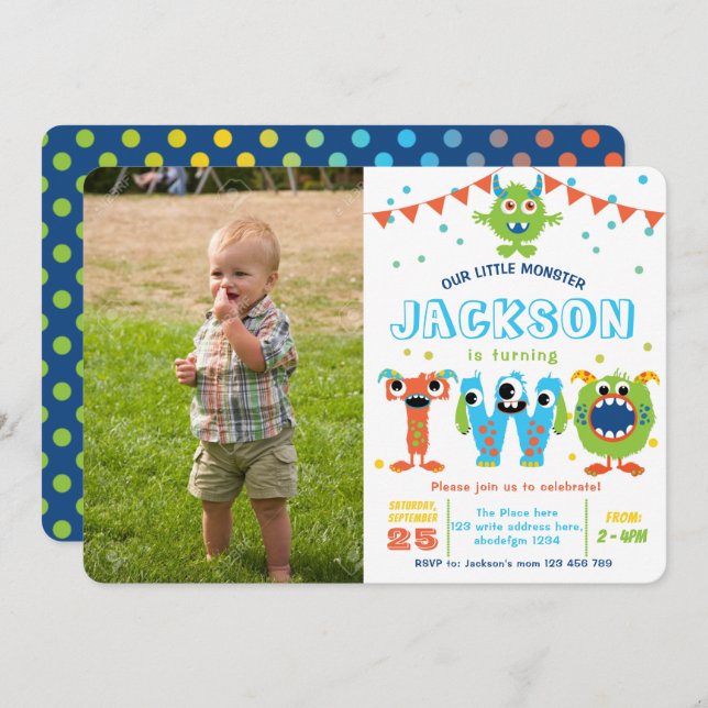 Geburtstagsjunge, kleines Monster Geburtstags-Foto Einladung (Vorne/Hinten)