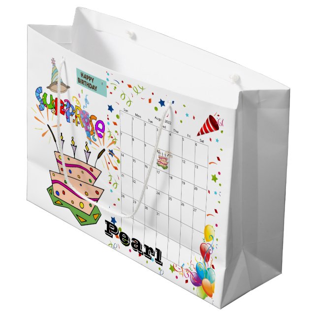Geburtstagskalender August 2022 - Begrüßung Große Geschenktüte (Vorderseite Schrägansicht)