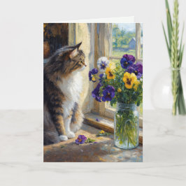 Geburtstagskaliko-Katze mit Stiefmütterchen-Sträuß Karte
