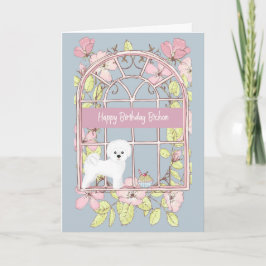 Geburtstagskarte für Bichon Hund. Blumenfenster Karte