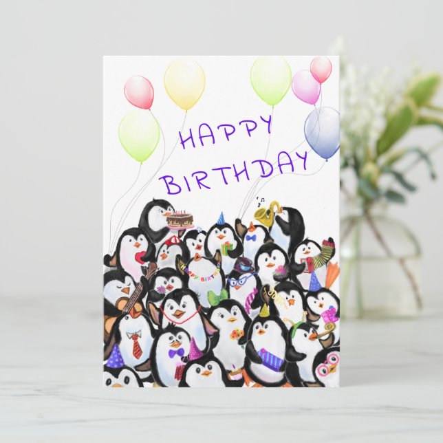 Geburtstagskarte Happy Pinguins Party (Stehend Vorderseite)