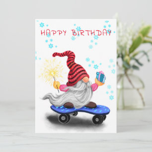 Geburtstagskarte Happy Skater Gnome mit Geschenken