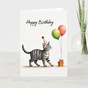 Geburtstagskarte mit gestreifter Katzen-Partyhut Karte