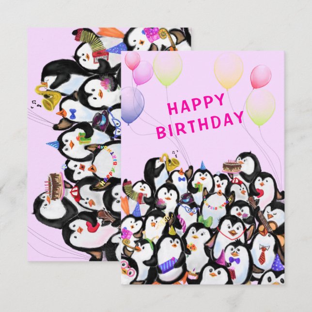 Geburtstagskarte mit Happy Pinguin Party (Vorne/Hinten)