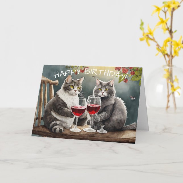 Geburtstagskarte mit Katzen, die Wein trinken! Karte (Gelbe Blume)