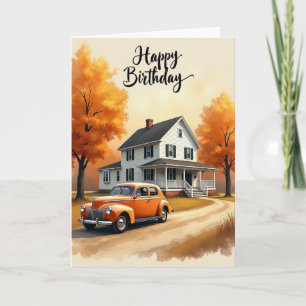 Geburtstagskarte mit Vintage-Autofoto im Herbst Karte
