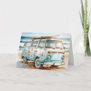 Geburtstagskarte Retro Campervan mit Surfboard Karte