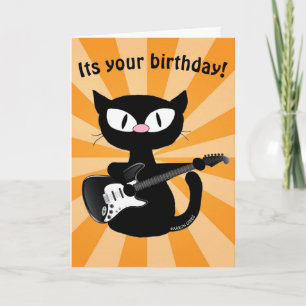 Geburtstagskarte - Rocker Schwarze Cartoon-Katze m Karte