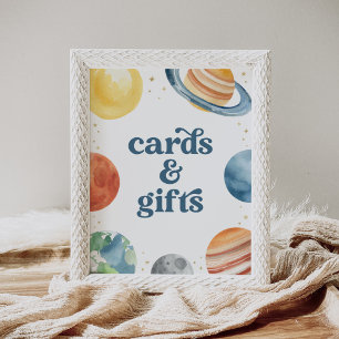 Geburtstagskarte und Geschenke im Weltraum Untersc Poster