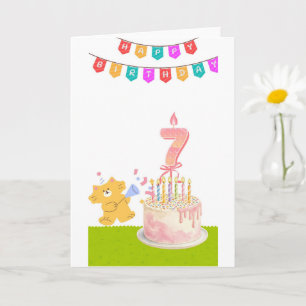 Geburtstagskarte zum 7. Geburtstag mit Torte & Kat Karte
