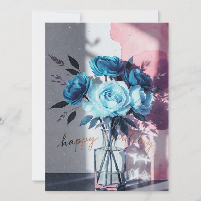 Geburtstagskarten blau moderne Blumen rosa Aquarel (Vorderseite)
