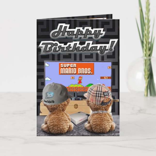 Geburtstagskartenbären spielen Mario Karte (Vorderseite)