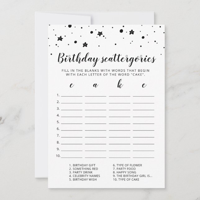 Geburtstagskattergorien-Spielkarte Einladung (Vorderseite)