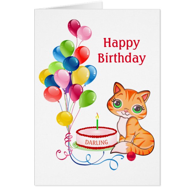 Geburtstagskatze & mehrfarbige Ballons auf Karte (Vorne)