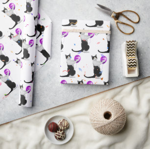 Geburtstagskatze mit Ballon und Confetti Geschenkpapier