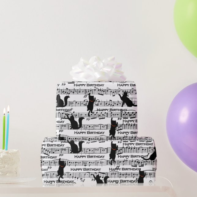 Geburtstagskatzen auf Blatt Musik Geschenkpapier (Partygeschenke)