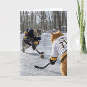 Geburtstagskatzen spielen Eishockey mit einem Woll Karte