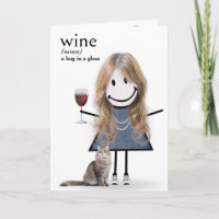 Geburtstagskind mit Wein und Katze Strichmännchen