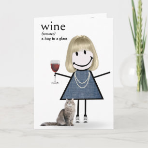 Geburtstagskind mit Wein und Katze Strichmännchen Karte