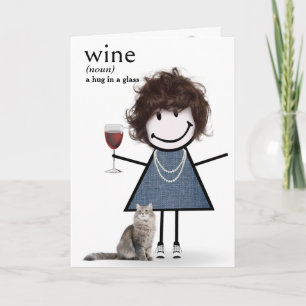 Geburtstagskind mit Wein und Katze Strichmännchen Karte