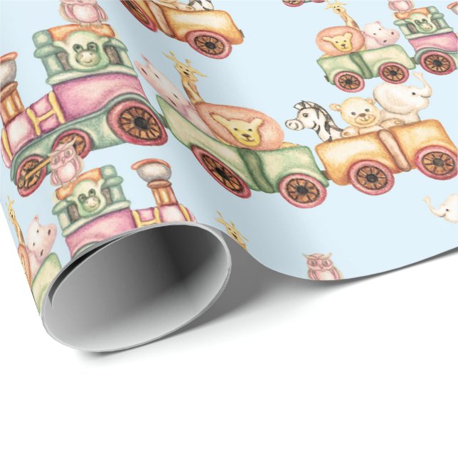 Geburtstagskorb - Kindertiere im Zug Geschenkpapier (Rolleneckpunkt)