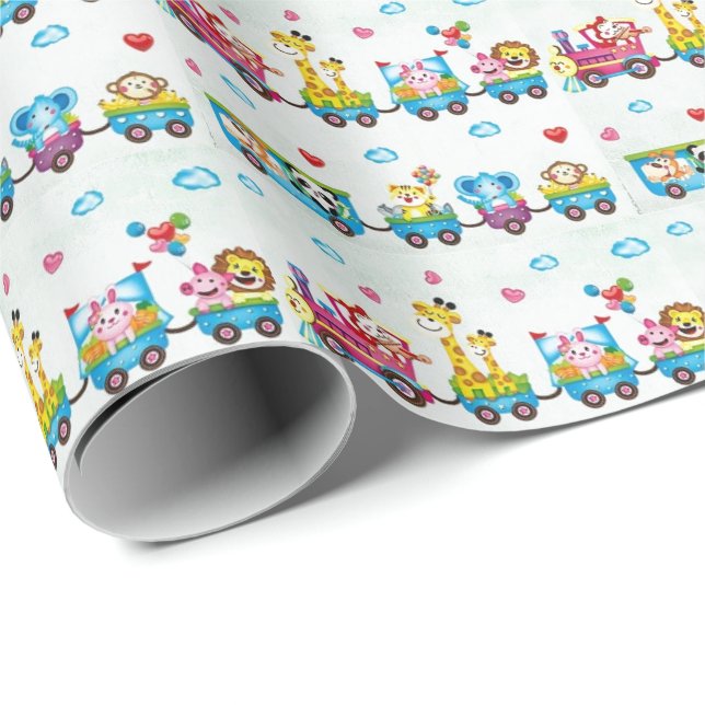 Geburtstagskorb - Kindertiere im Zug Geschenkpapier (Rolleneckpunkt)