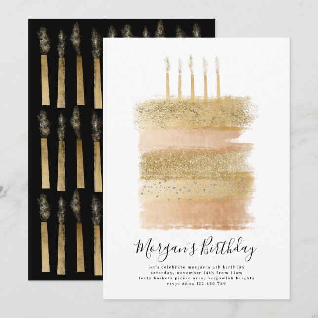 Geburtstagskuchen einladen Mädchen, 5. Geburtstag  Einladung (Vorne/Hinten)