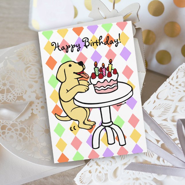 Geburtstagskuchen Gelbes Labrador-Cartoon Karte (Birthday Cake Yellow Labrador Cartoon Birthday Card with colorful background for dog lovers.)