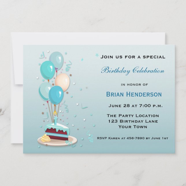 Geburtstagskuchen mit Balloons Einladung (Vorderseite)