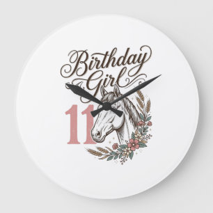 Geburtstagsmädchen 11 Pferd Floral Vintage-Shirt-D Große Wanduhr