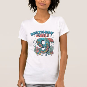 Geburtstagsmädchen 9 Ozean-Schildkröte Vektor-Desi T-Shirt