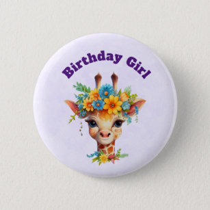 Geburtstagsmädchen Niedliche Giraffe mit Blumenkro Button