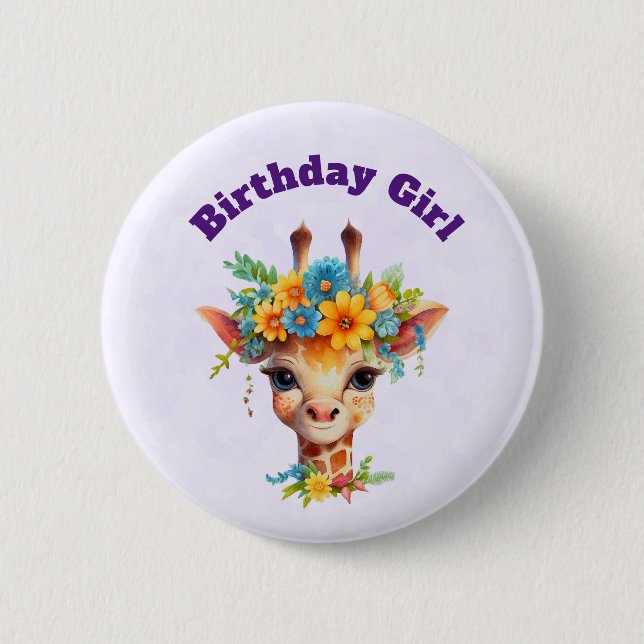 Geburtstagsmädchen Süße Giraffe mit Blumenkrone Button (Vorderseite)