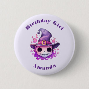 Geburtstagsmädchen-Totenkopf in einem Hexenhut Whi Button