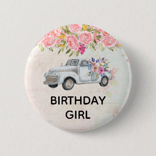 Geburtstagsmädchen Vintage-Pickup-Truck Aquarell Button