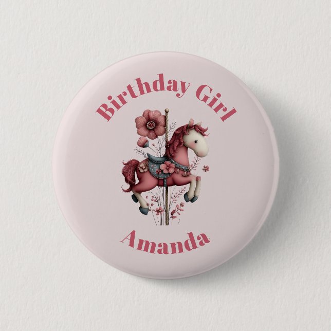 Geburtstagsmädchen Whimsical Karussellpferd Bild Button (Vorderseite)