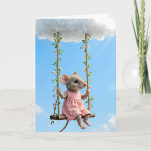 Geburtstagsmaus in einem rosa Kleid auf einer Scha Karte