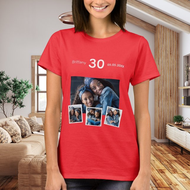 Geburtstagsname Foto Collage Red T-Shirt (Von Creator hochgeladen)