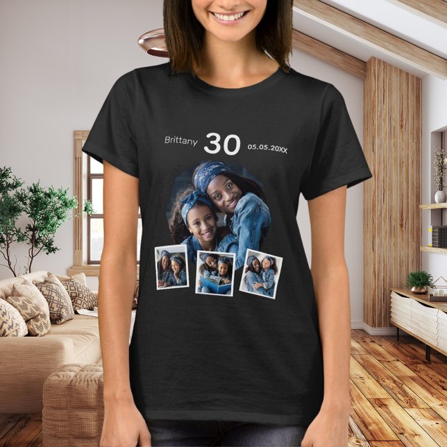 Geburtstagsname Foto Collage Schwarz T-Shirt (Von Creator hochgeladen)